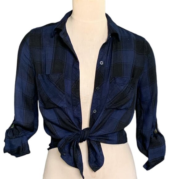 ANA Buffalo Plaid Button Front Shirt Sz XS Blue & Black #63G - Picture 7 of 9